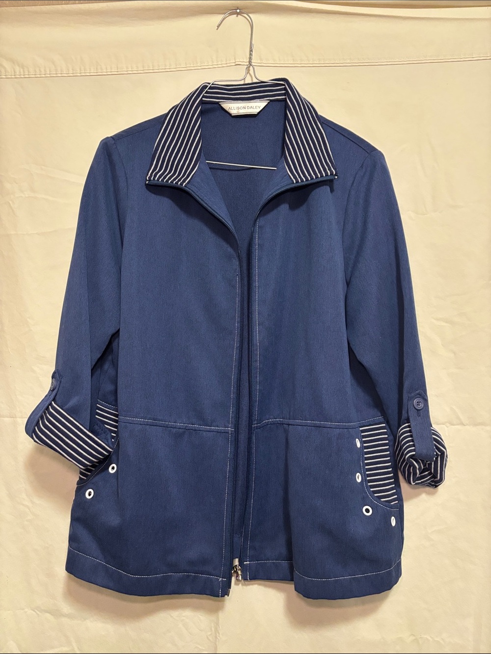 Allison Daley Navy Jacket with Striped Trim Size Large
